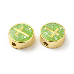 Yellow Green Rack Plating Brass Enamel Beads, with Shell Chips, Long-lasting Plated, Cadmium Free & Lead Free,Flat Round with Cross, Golden, Yellow Green, 11x4.5mm, Hole: 1.8mm