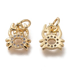 Golden Brass Micro Pave Clear Cubic Zirconia Charms, Cadmium Free & Lead Free, Long-Lasting Plated, Crab Shape, Golden, 9.5x8.5x1.5mm, Hole: 3mm