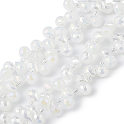 Blanc Perles en verre jade d'imitation, facette, larme percée en haut, de couleur plaquée ab , blanc, 10x7.5~8mm, Trou: 0.8~1mm, Environ 95~100 pcs/chapelet, 23.23~26.77 (59~68 cm)