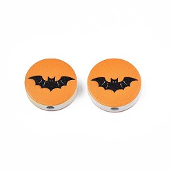 Dark Orange Halloween Printed Natural Wood Beads, Flat Round with Bat Pattern, Dark Orange, 19~20x5.9mm, Hole: 2~2.2mm