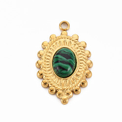 Green 304 Stainless Steel Pendants, with Malachite, Oval, Green, 23.5x15x4~5mm, Hole: 1.8mm
