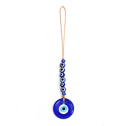 Royal Blue Flat Round with Evil Eye Glass Pendant Decorations, Hemp Rope Hanging Ornament, Royal Blue, 170mm