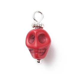 Red Synthetic Turquoise Pendants, with Silver Tone Brass Findings, Halloween Skull Charm, Dyed, Red, 17x8x9mm, Hole: 2.6mm