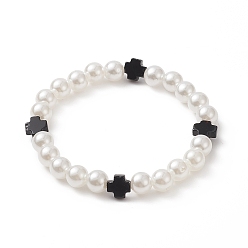White Natural Black Onyx Cross & ABS Plastic Imitation Pearl Beaded Stretch Bracelet for Women, White, Inner Diameter: 2-1/8 inch(5.3cm)
