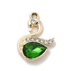 Verde Colgantes de aleación de chapado uv, con diamantes de imitación de cristal y vidrio, dorado, encantos de cisne, verde, 21.5x15x4.5 mm, agujero: 2 mm