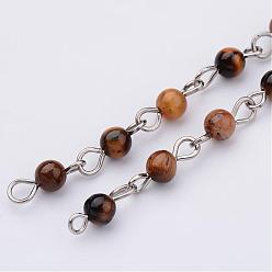 Tiger Eye Handmade Natural Tiger Eye Beaded Chains, Unwelded, for Necklaces Bracelets Making, with Iron Eye Pin, Platinum, 39.37 inch, 1m/strand