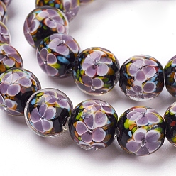 Lilas Main fleurs intérieure perles de Murano brins, ronde, lilas, 12mm, Trou: 2mm, 30 pcs / chapelet, 12.3 pouce