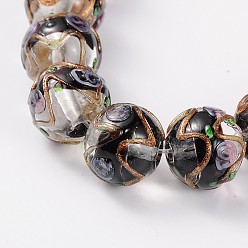 Noir Or la main perles rondes sable de Murano, noir, 12mm, Trou: 1.5~2mm