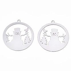 Stainless Steel Color Christmas 201 Stainless Steel Filigree Pendants, Etched Metal Embellishments, Ring with Snowman, Stainless Steel Color, 22x20x0.3mm, Hole: 1.2mm
