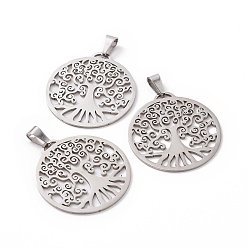 Stainless Steel Color 201 Stainless Steel Pendants, Flat Round with Tree, Stainless Steel Color, 32x29.5x1mm, Hole: 5x3mm
