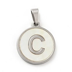 Letter C 304 Stainless Steel with White Shell Pendants, Stainless Steel Color, Flat Round with Letter Charm, Letter.C, 18x16x1.5mm, Hole: 3x6mm
