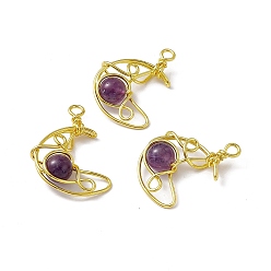 Amethyst Natural Amethyst Pendants, Moon Charms, with Rack Plating Golden Tone Brass Findings, Cadmium Free & Lead Free, 31.5~33x22x8.5mm, Hole: 2.5~3mm
