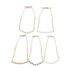 Mixed Color Adjustable Glass Beaded & Brass Chains Link Bracelet for Women, Mixed Color, Inner Diameter: 1-3/4~3 inch(4.5~7.6cm)