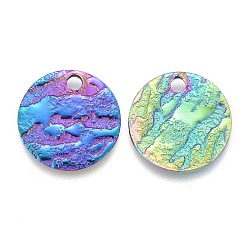 Rainbow Color Ion Plating(IP) 304 Stainless Steel Charms, Textured, Laser Cut, Flat Round, Rainbow Color, 10x1mm, Hole: 1.4mm
