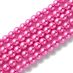 Hot Pink Grade A Glass Pearl Beads, Pearlized, Round, Hot Pink, 4mm, Hole: 0.7~1.1mm, about 100pcs/Strand, 16''(40.64cm)