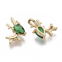 Real 18K Gold Plated Brass Cubic Zirconia Charms, Christmas Reindeer/Stag, for Christmas, Green, Nickel Free, Real 18K Gold Plated, 12.5x9.5x4.5mm, Hole: 1.4mm