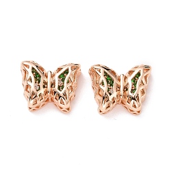 Green Eco-friendly Brass Cubic Zirconia Multi-Strand Links, Cadmium Free & Lead Free, Butterfly, Rose Gold, Green, 11x14x5.6mm, Hole: 1.2mm