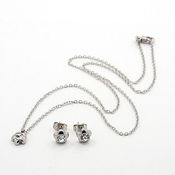 Stainless Steel Color 304 Stainless Steel Rhinestone Flower Jewelry Sets, Ear studs and Necklaces, with Lobster Claw Clasps, Stainless Steel Color, 17.3 inch, Pin: 0.7mm