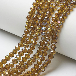 Verge D'or Plaquent verre transparent perles brins, demi arc-en-ciel plaqué, facette, rondelle, verge d'or, 4x3mm, Trou: 0.4mm, Environ 123~127 pcs/chapelet, 16.5~16.9 pouce (42~43 cm)