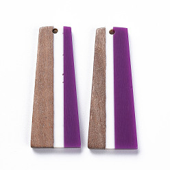 Purple Resin & Walnut Wood Pendants, Trapezoid, Purple, 49x19x3mm, Hole: 2mm