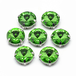 Verde Claro Cose en el rhinestone, Enlaces multifilares, diamantes de imitación de cristal, con ajustes de puntas de latón, accesorios de prendas de vestir, facetados, plano y redondo, Platino, verde claro, 13x7.5 mm, agujero: 0.8~1 mm