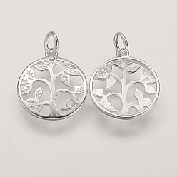 Серебро 925 стерлингов серебряные подвески, Плоский круглый с деревом дерева жизни, серебряные, 16x14x2 мм, отверстие : 3 мм