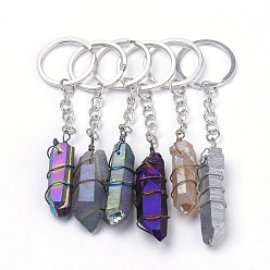 Mixed Color Rainbow Plated Natural Crystal Quartz Keychain, with Iron Findings, Nuggets, Mixed Color, 102~116mm