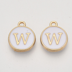 Letter W Golden Plated Enamel Alloy Charms, Enamelled Sequins, Flat Round, White, Letter.W, 14x12x2mm, Hole: 1.5mm, 100pcs/Box