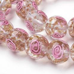 Clear Handmade Gold Sand Lampwork Beads Strands, Round, Vortex Pattern, Clear, 12mm, Hole: 2mm, 30pcs/strand, 13.18 inch