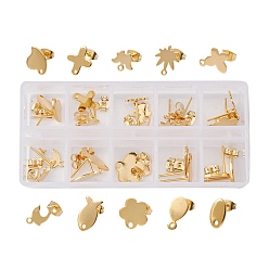 Real 24K Gold Plated 20Pcs 10 Style 201 Stainless Steel Stud Earring Findings, with Horizontal Loops & 304 Stainless Steel Pins and Ear Nut, Oval & Fish & Heart & Flower & Cross & Butterfly & Dolphin Charms, Real 24K Gold Plated, 8~13.5x6~12mm, Hole: 1~1.6mm, Pin: 0.8mm, 2Pcs/style