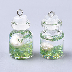 Light Green Glass Bottle Pendants, with Resin & Pearl & Iron Findings, Platinum, Light Green, 28~29x15mm, Hole: 2mm