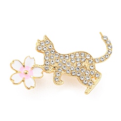Golden Alloy Rhinestone Brooches, Cat with Sakura Enamel Pins for Women, Golden, 25x39x2mm