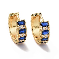 Dark Blue Cubic Zirconia Rectangle Hoop Earrings, Golden Brass Jewelry for Women, Dark Blue, 20.5x22x7mm, Pin: 1.2mm