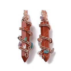 Red Jasper Natural Red Jasper Pointed Big Pendants, with Rose Gold Plated Rack Plating Brass Findings and Mixed Stone Chip Beads, Cadmium Free & Lead Free, Faceted, Bullet Charm, 64~68x16~17x16~17mm, Hole: 7.5mm