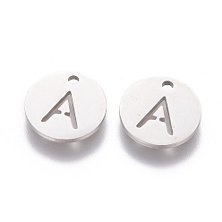 Letter A 201 Stainless Steel Charms, Flat Round with Letter, Stainless Steel Color, Letter.A, 12x1mm, Hole: 1.5mm