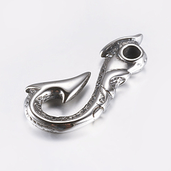 Antique Silver 316 Surgical Stainless Steel Hook Clasps, Fish Hook Charms, For Leather Cord Bracelets Making, Hook, Antique Silver, 45.5x22x5mm, Hole: 5mm