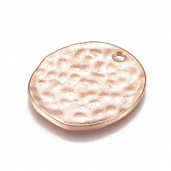 Rose Gold Alloy Blank Flat Round Hammered Pendants, Cadmium Free & Lead Free, Rose Gold, 24x22x1mm, Hole: 2mm