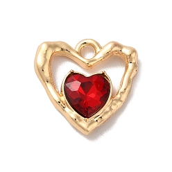 Dark Red Rack Plating Alloy Pandants, with Glass, Nickel Free, Heart Charms, Golden, Dark Red, 19x19x5mm, Hole: 2.3mm