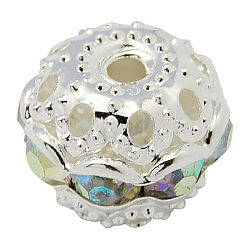 Clear AB Brass Rhinestone Beads, Grade A, Round, Silver Color Plated, AB Color, Clear AB, Size: about 10mm in diameter, hole: 1.2mm