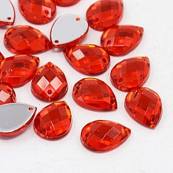 Roja Cose en el rhinestone, taiwan rhinestone de acrílico, dos agujeros, accesorios de prendas de vestir, rojo, lágrima, cerca de 10 mm de ancho, 14 mm de largo, 4 mm de espesor, agujero: 1 mm