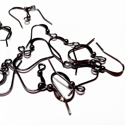 Черный Цвет Металла Латунные французские крючки для серег, плоские крючки для серег, без никеля , с бисером и горизонтальной петлей, металлический черный , 15 мм, отверстие : 2 мм, 21 датчик, штифты : 0.7 мм