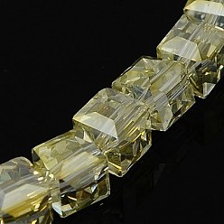 Champagne Yellow Electorplated Glass Beads, Rainbow Plated, Faceted, Cube, Champagne Yellow, 7x7x7mm, Hole: 1mm