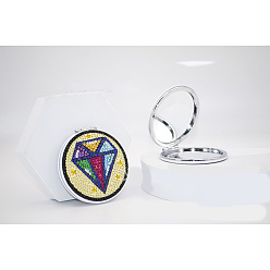 Diamond DIY Round Mini Makeup Compact Mirror Diamond Painting Kits, Foldable Two Sides Vanity Mirrors Craft, Diamond Pattern, 80mm, Mirror: 78mm in diameter
