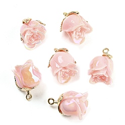 Pink Opaque Resin Pendants, AB Color, Flower Charms with Golden Tone Alloy Leaf, Pink, 18.5x10x10mm, Hole: 1.4mm
