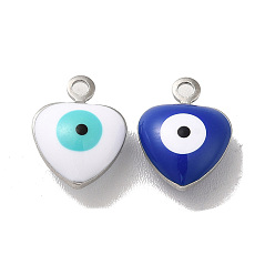 Mixed Color 304 Stainless Steel Charms, with Enamel, Heart with Evil Eye Charm, Stainless Steel Color, Mixed Color, 10.5x8x4mm, Hole: 1.2mm