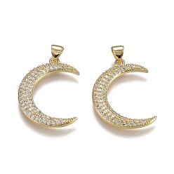Silver Brass Micro Pave Cubic Zirconia Pendants, Real 18K Gold Plated, Long-Lasting Plated, with Snap on Bails, Moon, Silver, 26x18.5x2.5mm, Hole: 5mm