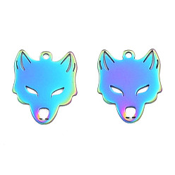 Rainbow Color Ion Plating(IP) 201 Stainless Steel Charms, Halloween Style, Fox, Rainbow Color, 15x12.5x1mm, Hole: 1.2mm
