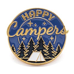 Golden Alloy Enamel Brooches, Enamel Pin, with Butterfly Clutches, Flat Round with Word Happy Campers, Colorful, Golden, 26x28mm