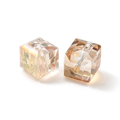 Verge D'or Perles en verre electroplate, arc-en-ciel plaqué, facette, cube, verge d'or, 9x9x9mm, Trou: 1mm