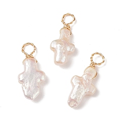 Seashell Color Natural Keshi Pearl Pendants, Religion Cross Charm, Cultured Freshwater Pearl, with Light Gold Tone Copper Wire Wrapped, Seashell Color, 20~22x8.5~9.5x4~4.5mm, Hole: 3mm
